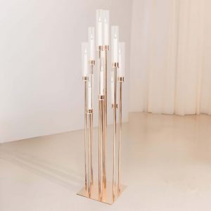 10-Arm Gold Cluster Taper Candle Holder with Clear Glass Shades 50" - Stylish Large Candle Arrangement for Events